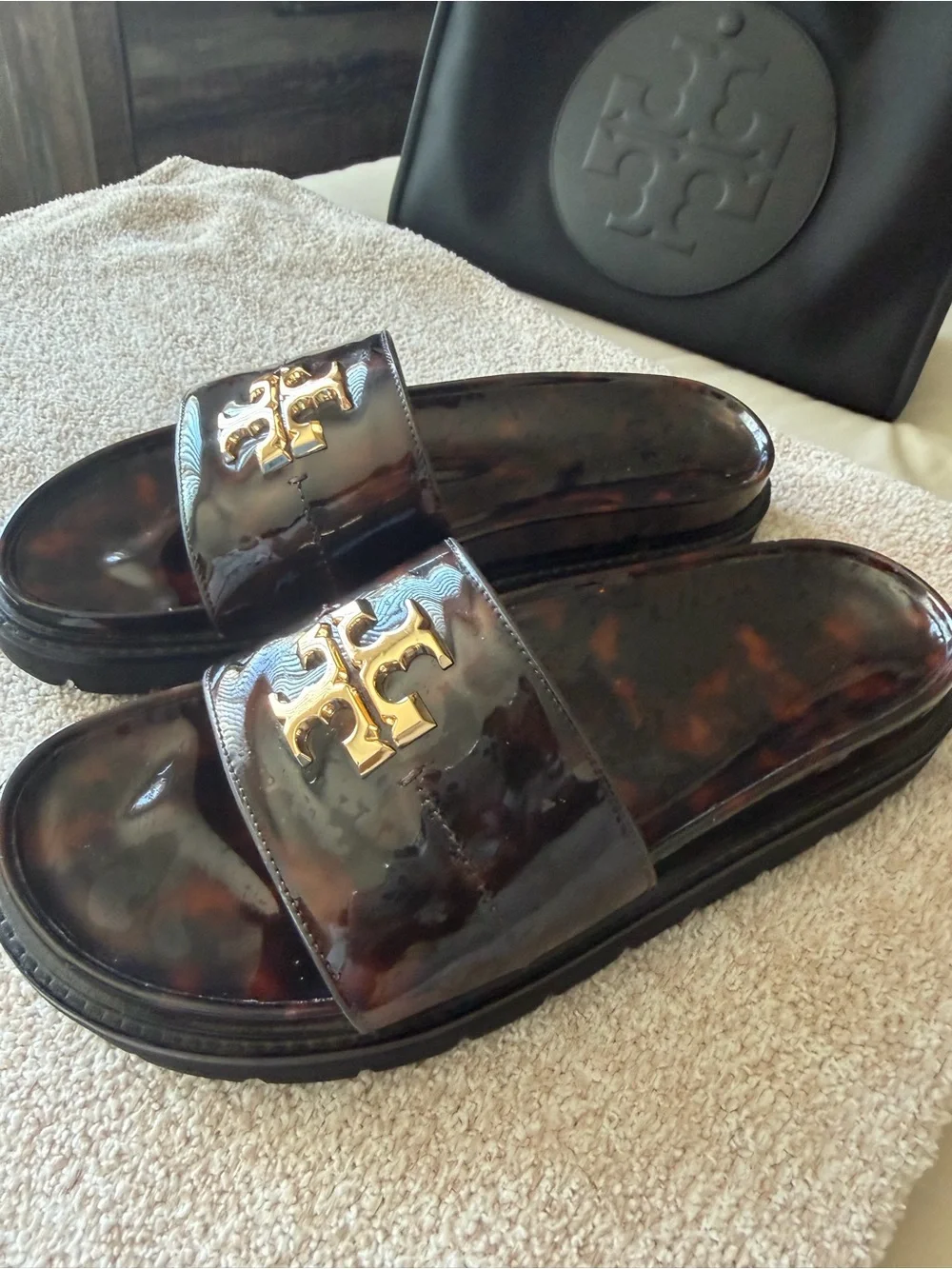 Tory Burch Tortoiseshell Patent Slide Sandals with Gold Logo